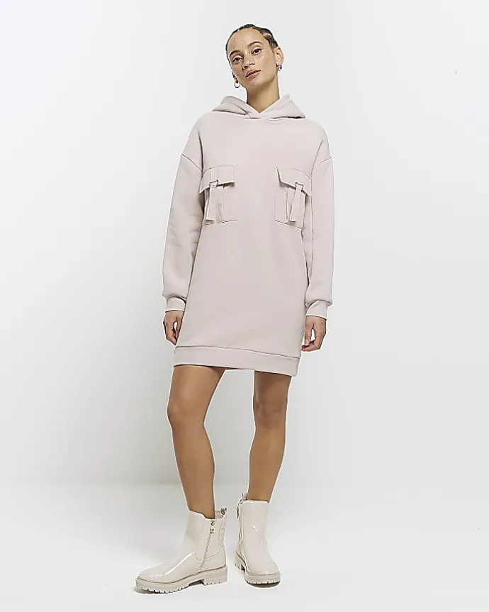 Beige utility hooded sweatshirt mini dress
