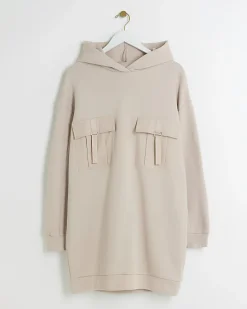 Beige utility hooded sweatshirt mini dress