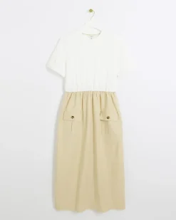 Beige utility hybrid t-shirt midi dress