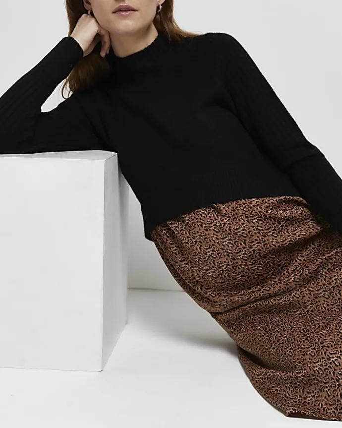 Black 2 in 1 leopard maternity midi dress