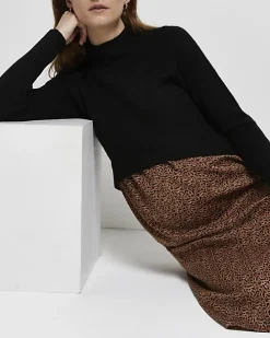 Black 2 in 1 leopard maternity midi dress