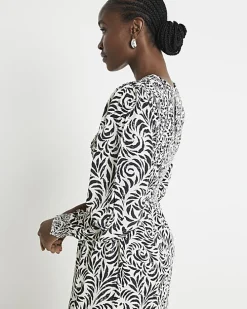 Black abstract shirred swing midi dress