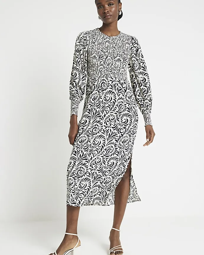 Black abstract shirred swing midi dress
