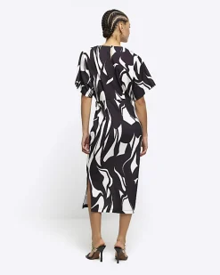 Black abstract wrap bodycon midi dress