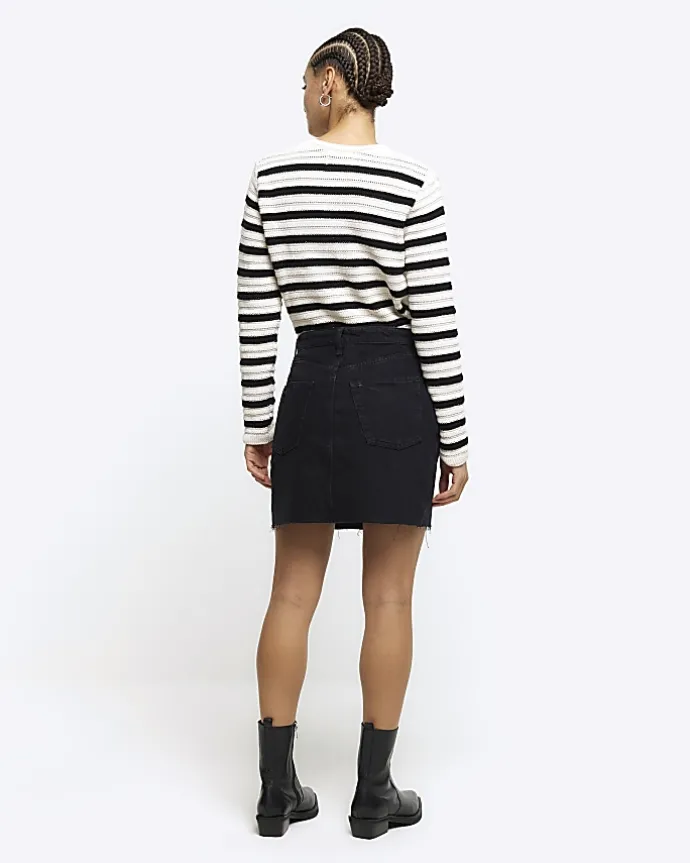Black asymmetric waist denim mini skirt