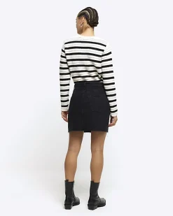 Black asymmetric waist denim mini skirt