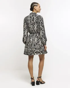 Black Aztec belted mini shirt dress