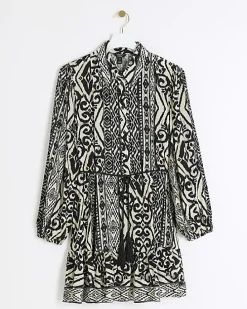Black Aztec belted mini shirt dress