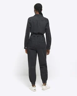 Black belted denim jumpsuit