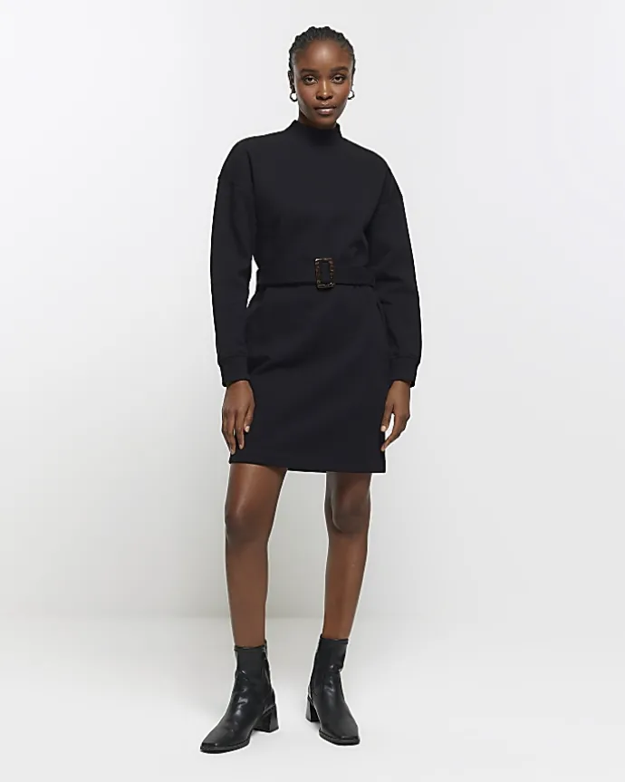 Black Belted Sweatshirt Mini Dress