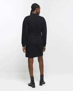 Black Belted Sweatshirt Mini Dress