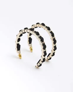 Black Chain Thread Hoop Earrings