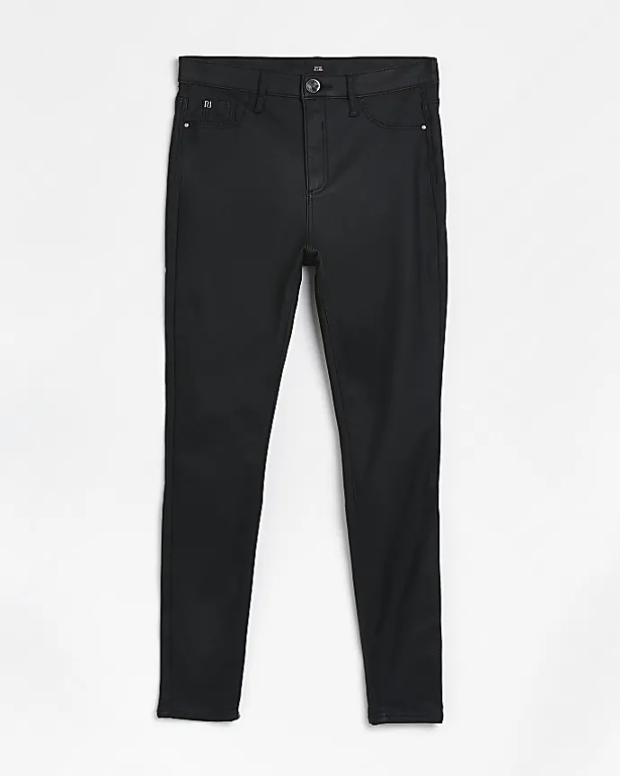 Black coated denim high waisted skinny jeans