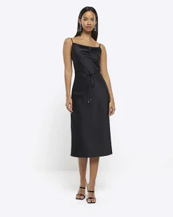 Black cowl neck slip midi dress