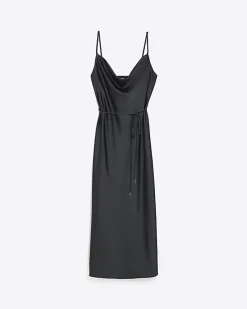 Black cowl neck slip midi dress
