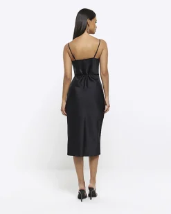 Black cowl neck slip midi dress