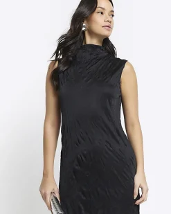 Black crinkle high neck bodycon midi dress