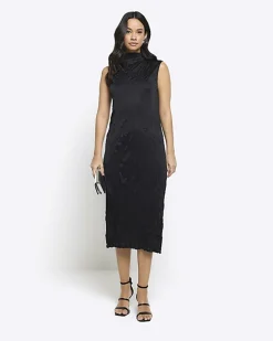 Black crinkle high neck bodycon midi dress