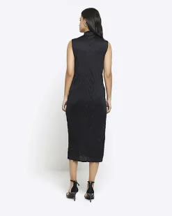 Black crinkle high neck bodycon midi dress