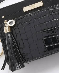 Black croc embossed chain cross body bag