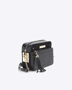 Black croc embossed chain cross body bag
