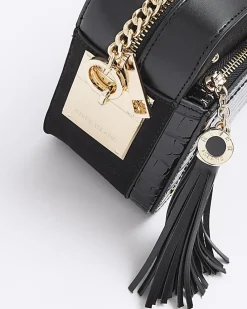 Black croc embossed chain cross body bag