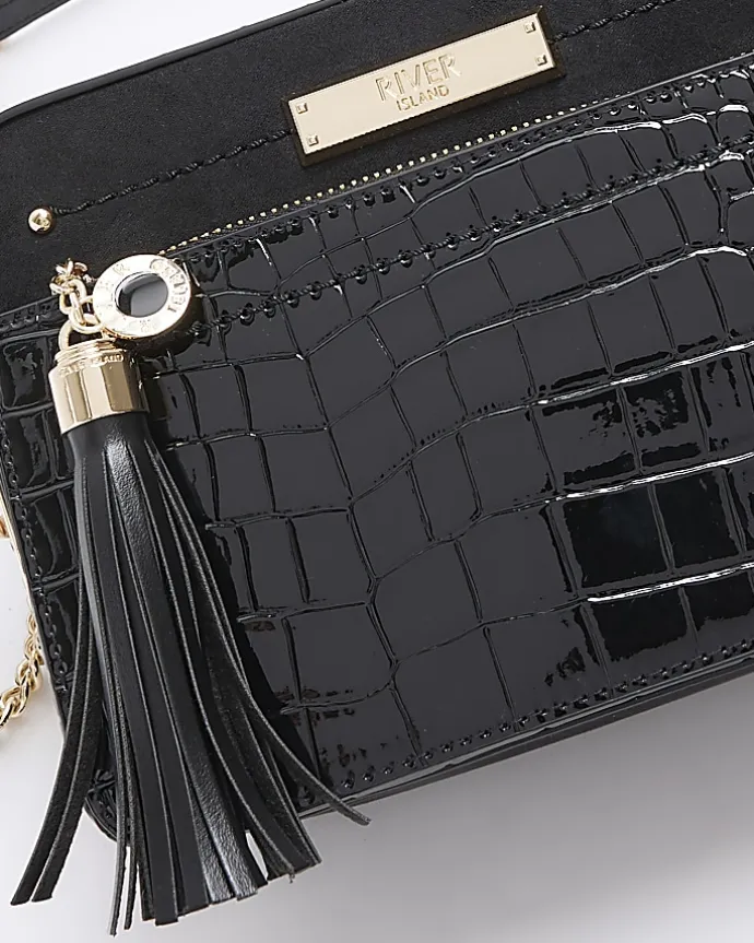 Black croc embossed chain cross body bag