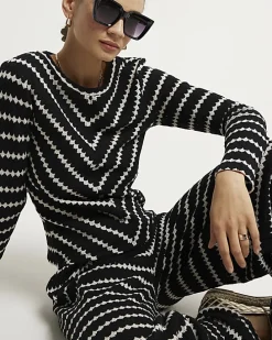 Black crochet stripe long sleeve top