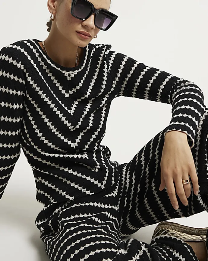 Black crochet stripe long sleeve top