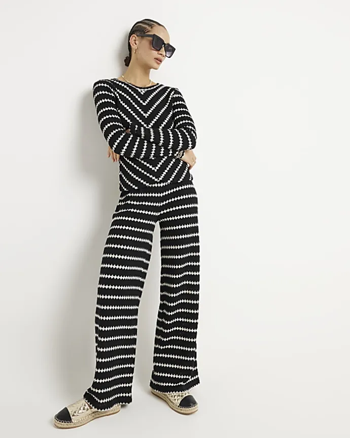 Black crochet stripe long sleeve top
