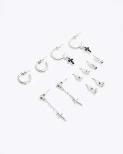 Black cross stud and hoop earrings multipack