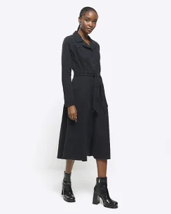 Black denim belted midi shirt dress