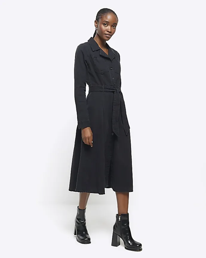 Black denim belted midi shirt dress