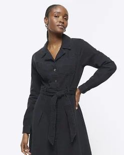Black denim belted midi shirt dress