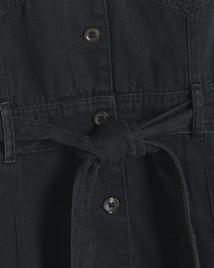 Black denim belted midi shirt dress