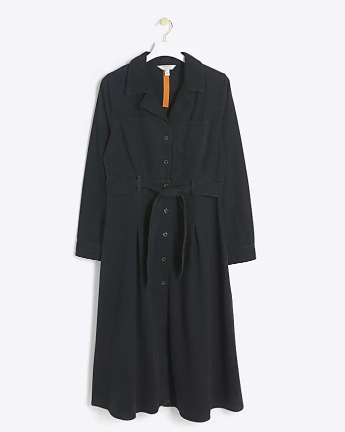 Black denim belted midi shirt dress