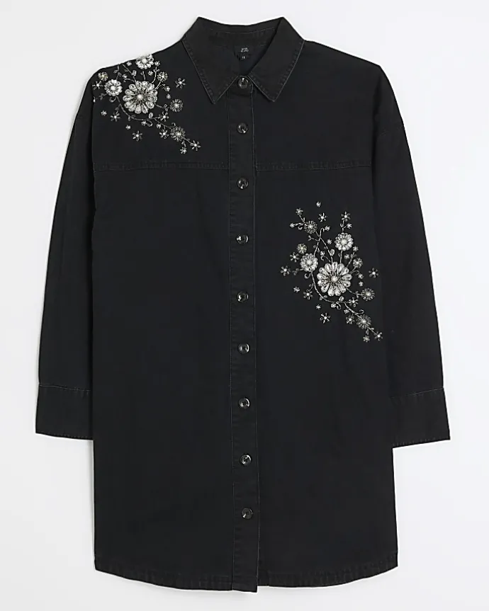 Black denim embellished mini shirt dress