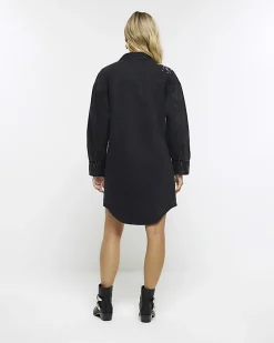 Black denim embellished mini shirt dress