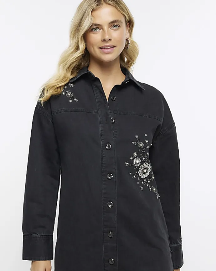 Black denim embellished mini shirt dress