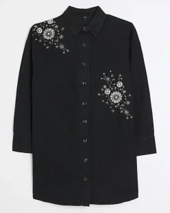 Black denim embellished mini shirt dress