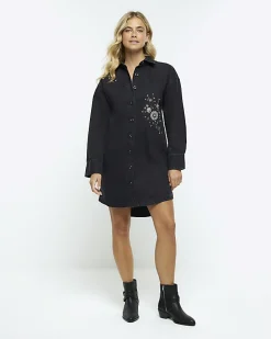 Black denim embellished mini shirt dress