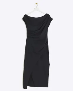 Black drape off shoulder bodycon midi dress