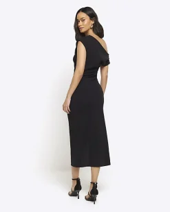 Black drape off shoulder bodycon midi dress