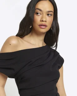 Black drape off shoulder bodycon midi dress