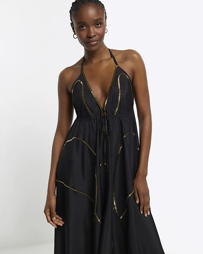 Black embellished plunge beach maxi dress