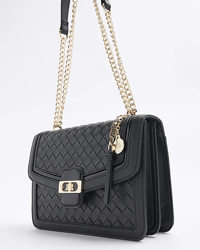 Black embossed weave shoulder bag