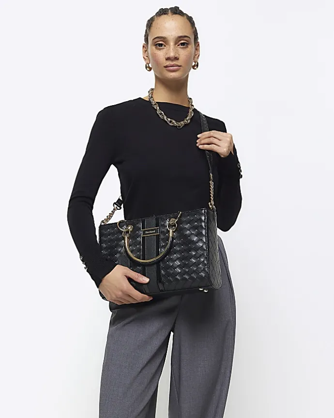 Black embossed weave tote bag