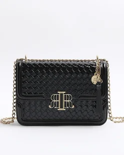Black embossed woven satchel bag
