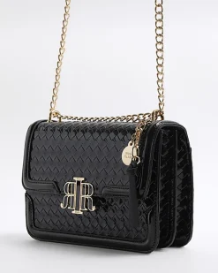 Black embossed woven satchel bag