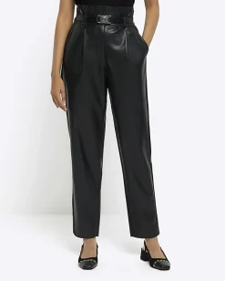 Black faux leather paperbag trousers